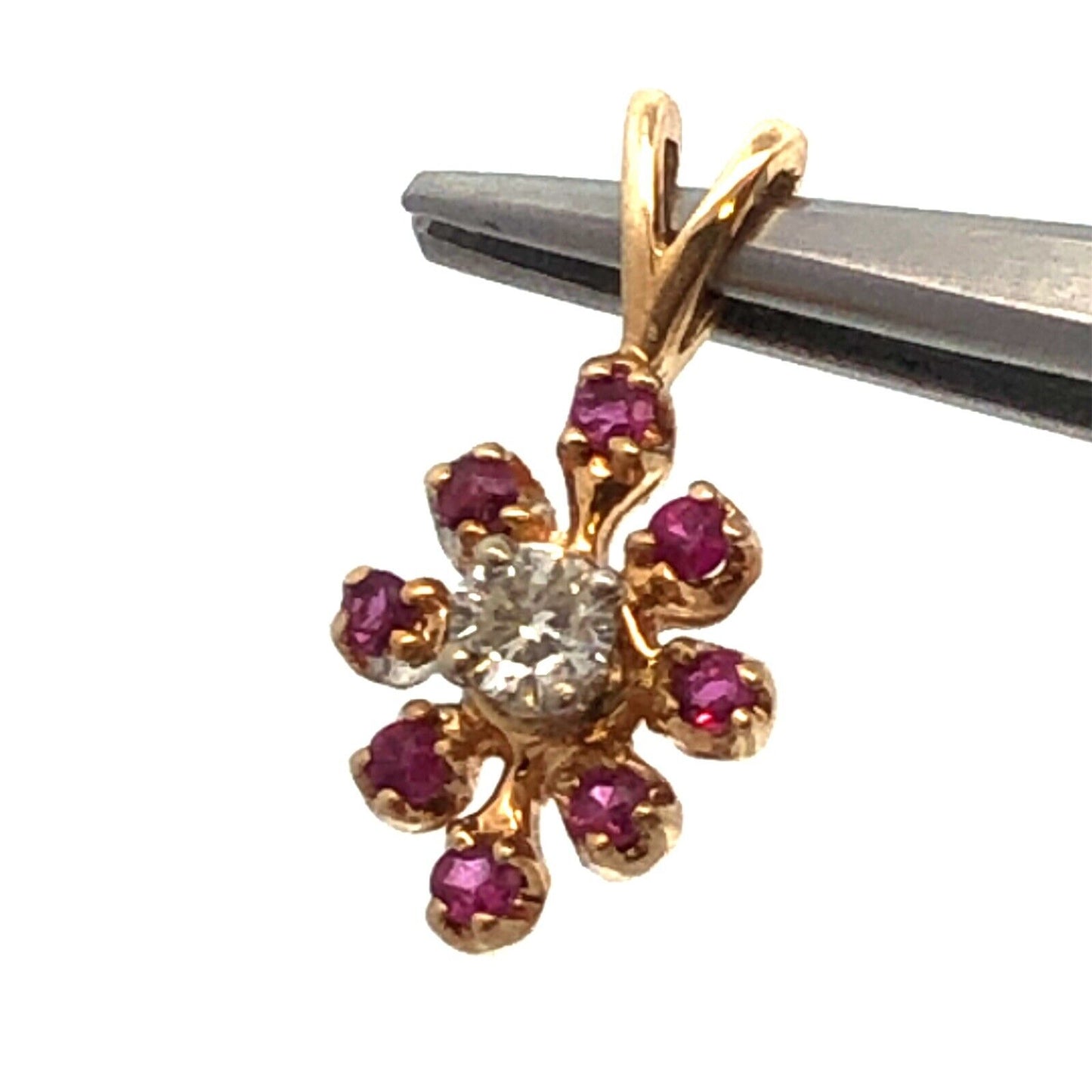 14K Yellow Gold Ruby Diamond Flower Floral Drop Charm Pendant