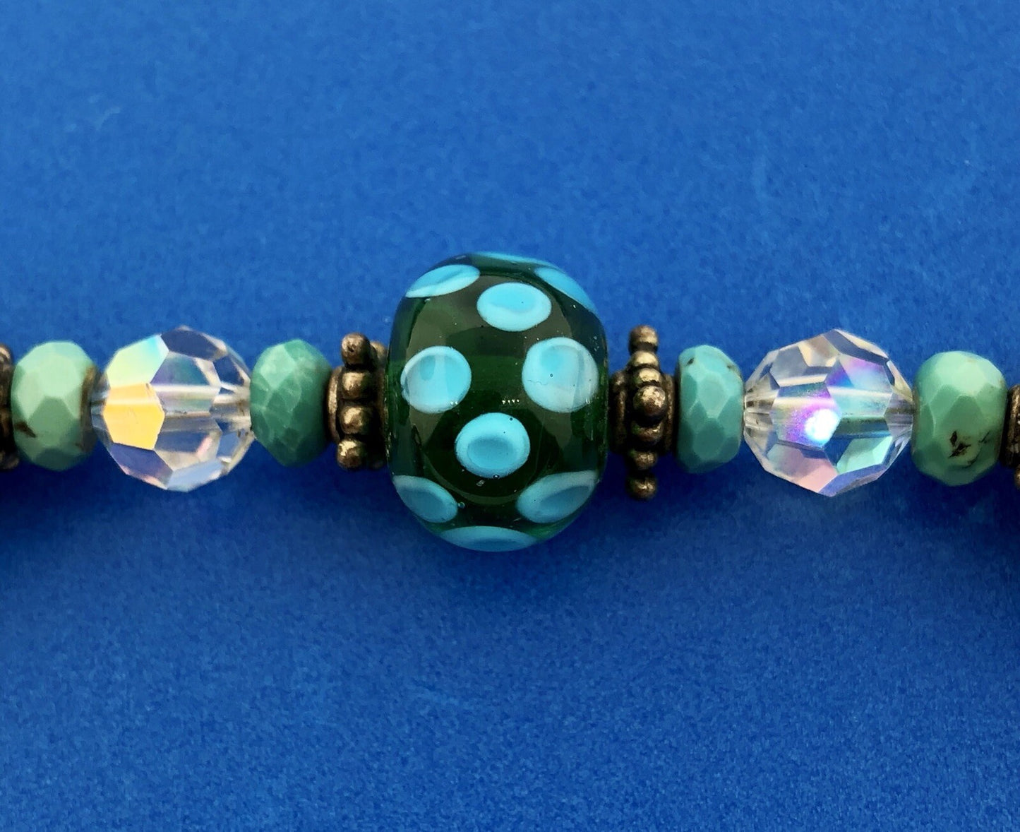 Vintage 925 Sterling Silver Turquoise Art Glass Crystal Bead Toggle Bracelet
