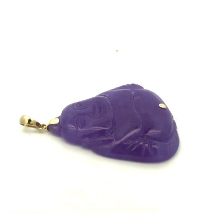 Vintage WW 14K Yellow Gold Carved Lavender Jade Buddha Statement Pendant
