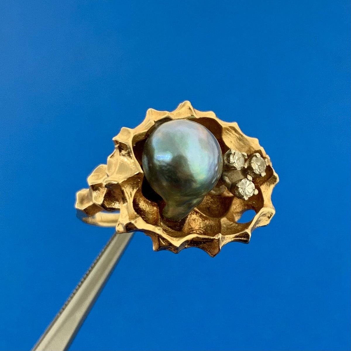 Gorgeous 14k Yellow Gold Black Pearl Diamond Nugget Basin Statement Ring Size 7