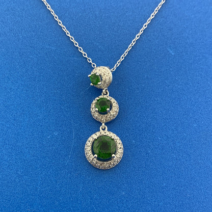 Sterling Silver 925 Round Cut Emerald Diamond Halo Triple Dangle 18" Necklace