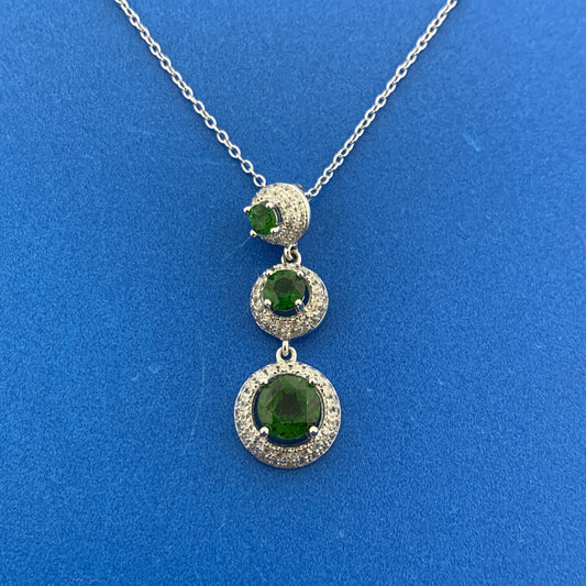 Sterling Silver 925 Round Cut Emerald Diamond Halo Triple Dangle 18" Necklace