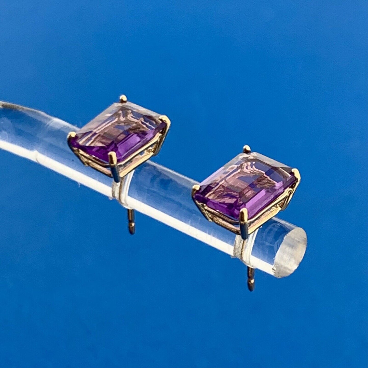 CID 14K Yellow Gold Amethyst Rectangle February Statement Stud Earrings