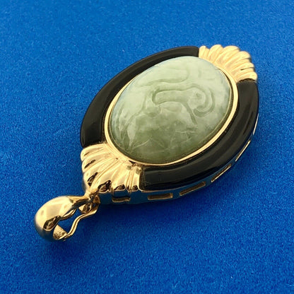 14K Yellow Gold Carved Jade Black Onyx Accented Oval Enhancer Pendant