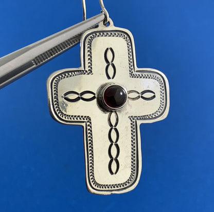 Don Lucas Native American 925 Sterling Silver Garnet Drop Dangle Concho Earrings