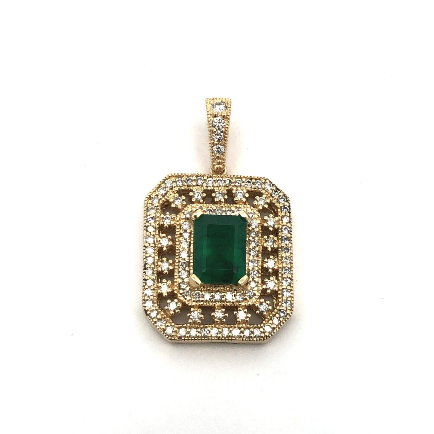 Designer 14K Yellow Gold Emerald Diamond Triple Halo Statement Estate Pendant