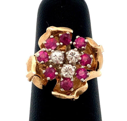 Designer EAG 14K Yellow Gold Round Ruby Diamond Flower Bud Statement Ring