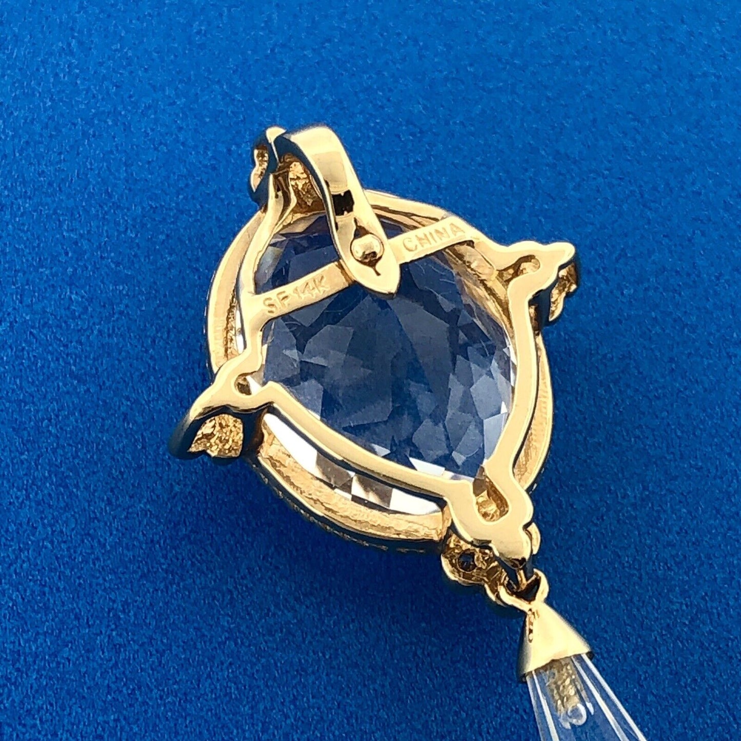 Designer SF 14k Yellow Gold White Amethyst Diamond Accent Prism Enhancer Pendant