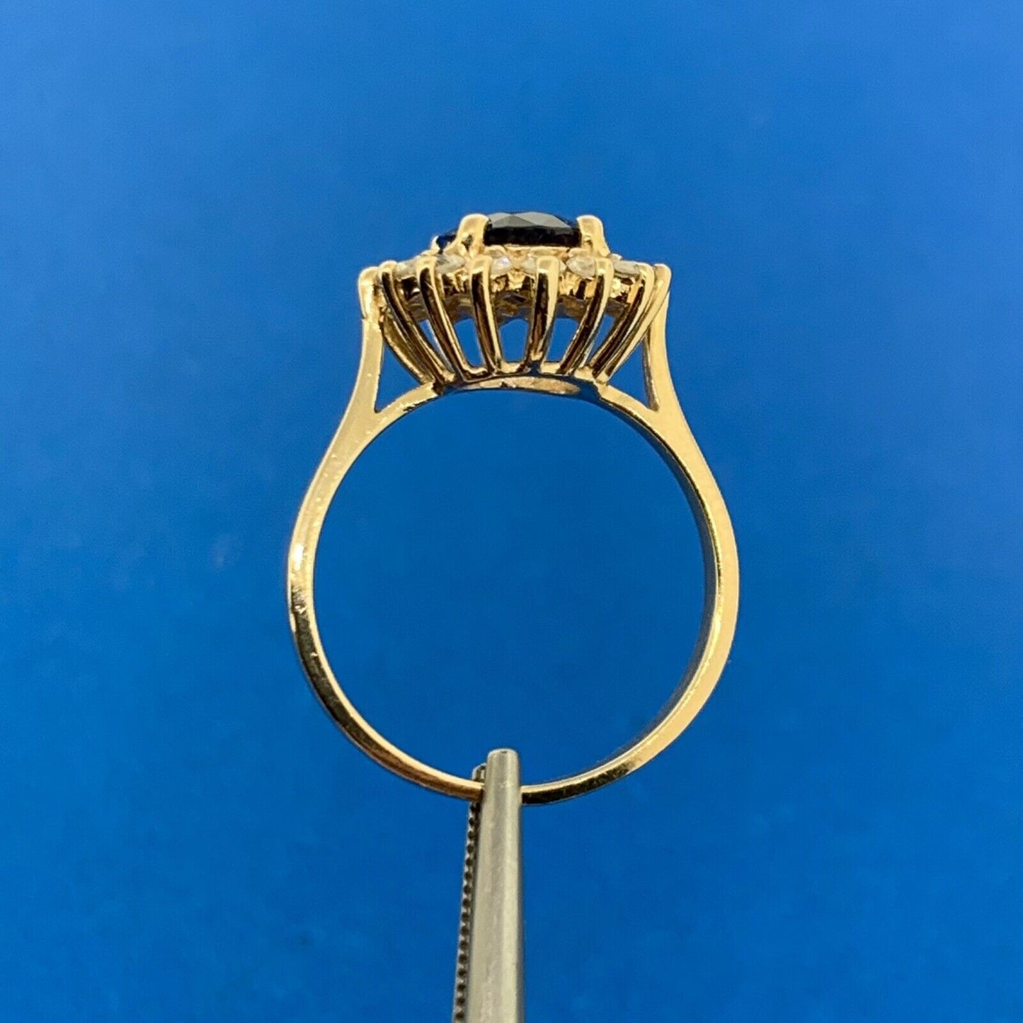 Designer 14K Yellow Gold Sapphire Diamond Halo September Anniversary Ring