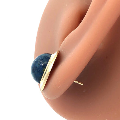 Vintage 14K Yellow Gold Round Lapis Lazuli Cabochon Modernist Stud Earrings