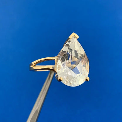 14K Yellow Gold Faceted Pear White Sapphire Solitaire Statement Engagement Ring