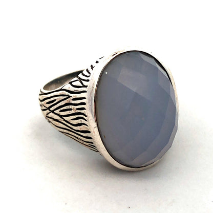 925 Sterling Silver Estate Faceted Oval Blue Moonstone Bark Textured Dome Ring