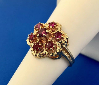 Perfect 14K Yellow Gold Ruby Flower Cluster July Anniversary Sweetheart Ring