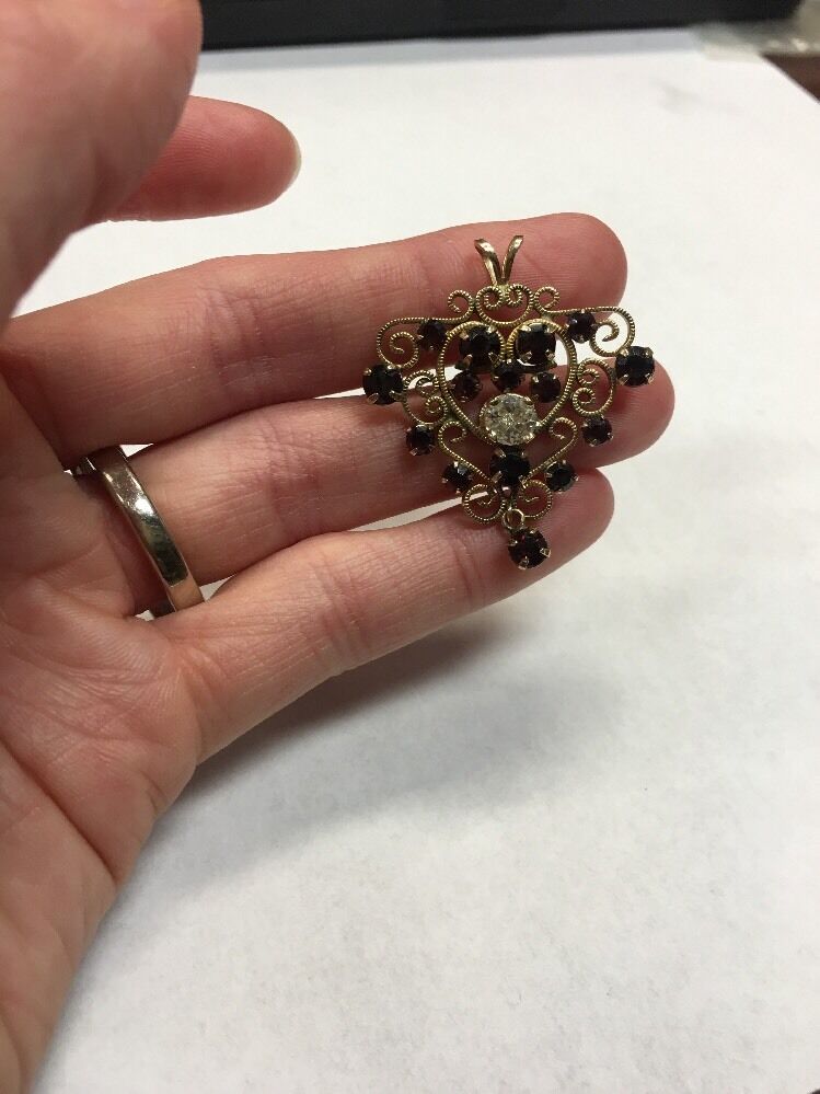 Vintage Designer Winard 12K Yellow Gold Filled Garnet Diamond Filigree Pendant