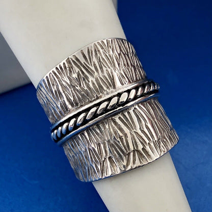Vintage CJF Thai 925 Sterling Silver Textured Tapered Cigar Band Statement Ring