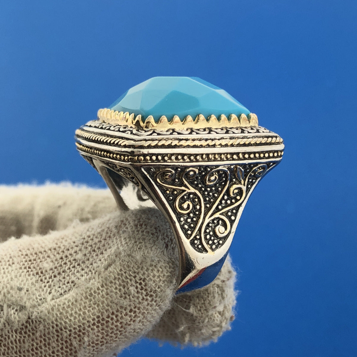 Designer PK Sterling Silver Two Toned Faux Turquoise Scroll Statement Dome Ring