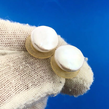 Retro 14K Yellow Gold White Iridescent Mabe Pearl Statement Stud Earrings