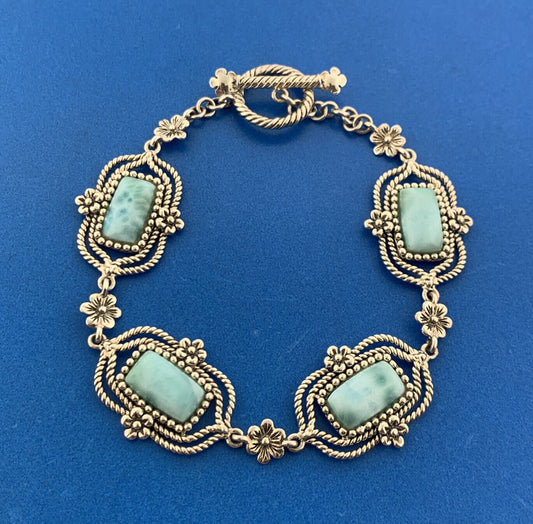 Designer 925 Sterling Silver Larimar Balinese Floral Panel Toggle Bracelet