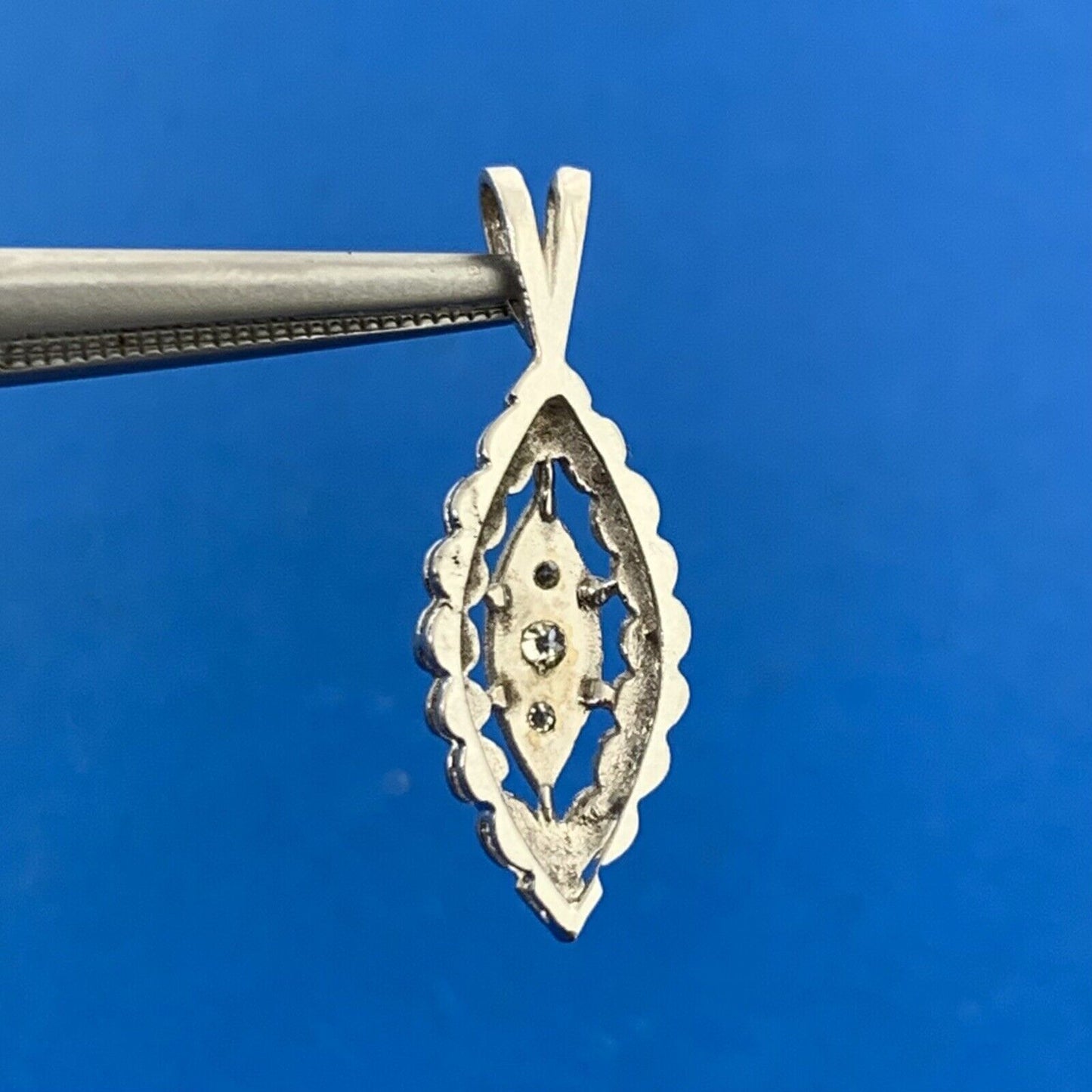 Vintage 14K White Gold Round Diamond Trio Marquise Shaped Pendant