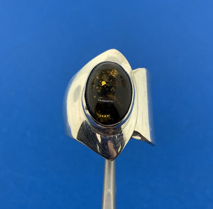 Vintage George Nakai Navajo Sterling Silver 925 Amber Abstract Bypass Ring