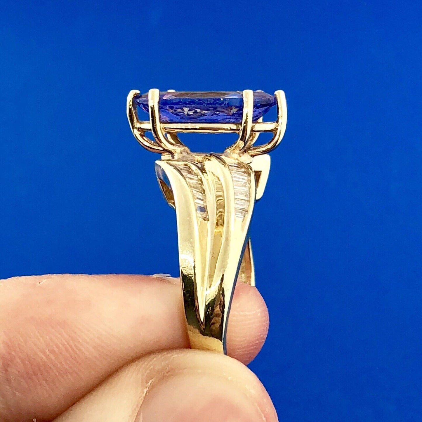 Designer 14K Yellow Gold Tanzanite Marquise Solitaire Diamond Accent Ring