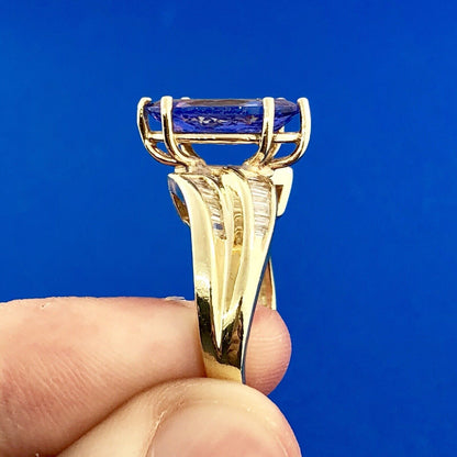 Designer 14K Yellow Gold Tanzanite Marquise Solitaire Diamond Accent Ring