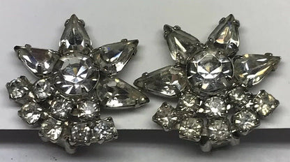 Vintage Art Deco Crystal Rhinestone Flower Cluster Bridal Cocktail Clip Earrings