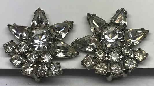 Vintage Art Deco Crystal Rhinestone Flower Cluster Bridal Cocktail Clip Earrings