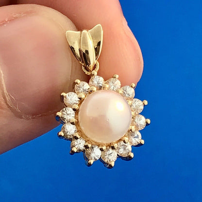 10K Yellow Gold White Topaz Pearl Wedding Bridal June Anniversary Pendant