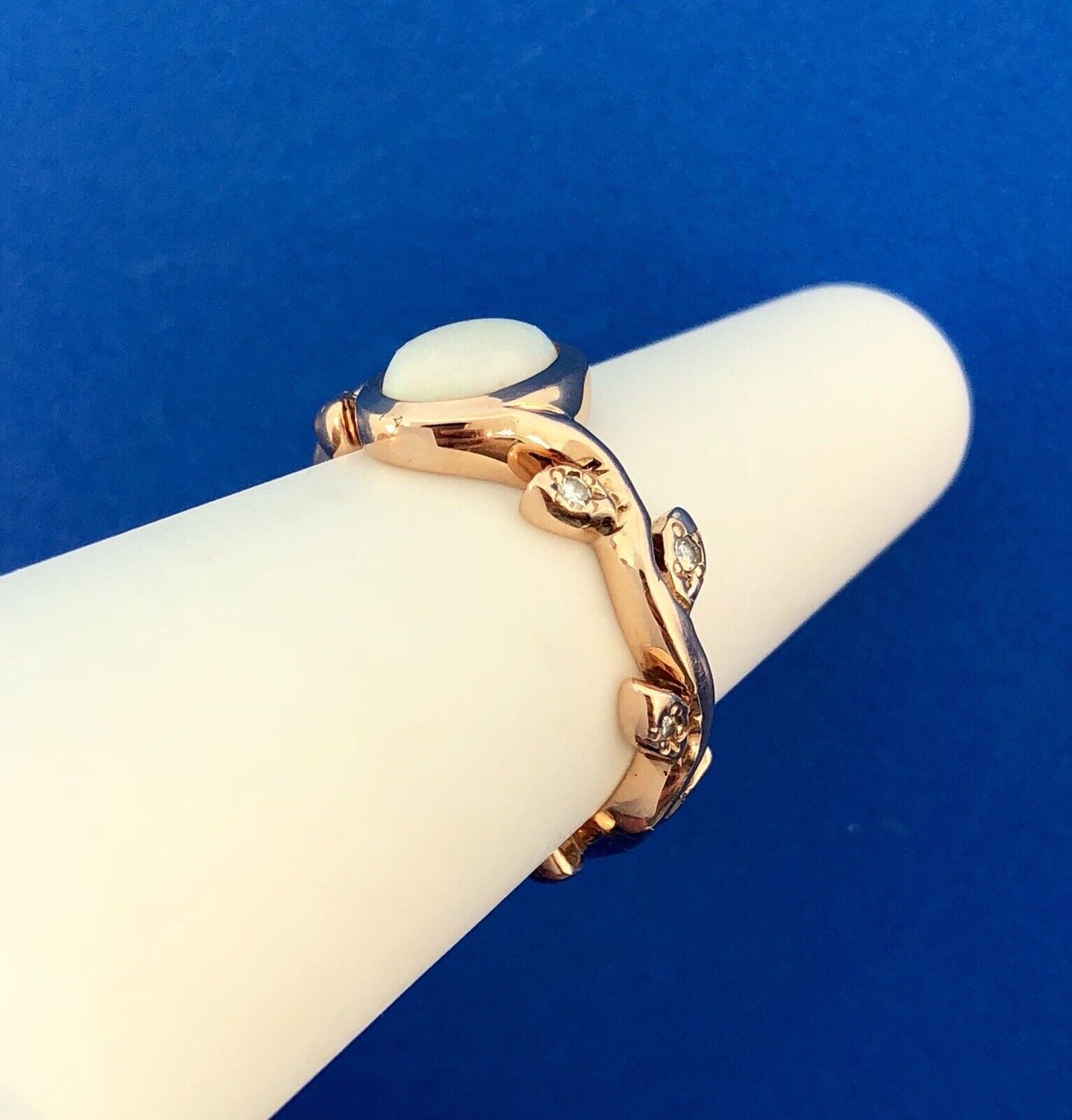 Unusual 14k Rose Gold Opal Diamond Vine Leaf Flower Motif Band Ring