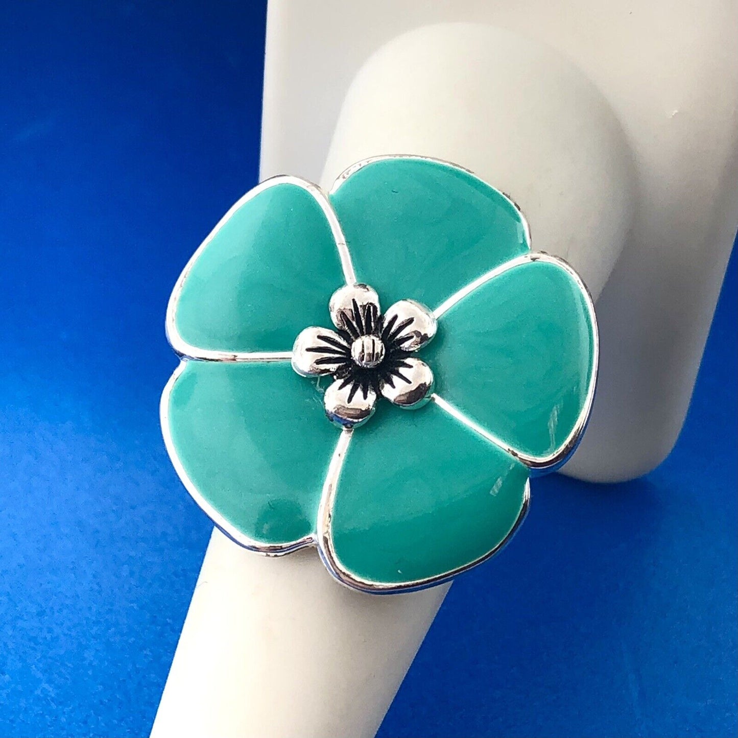 Premier Designs Silver Plate Turquoise Aqua Enamel Flower Statement Ring NIB
