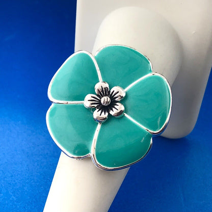 Premier Designs Silver Plate Turquoise Aqua Enamel Flower Statement Ring NIB