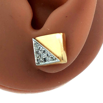 Designer JW 14K Yellow Gold Diamond Square Retro Modernist Stud Earrings