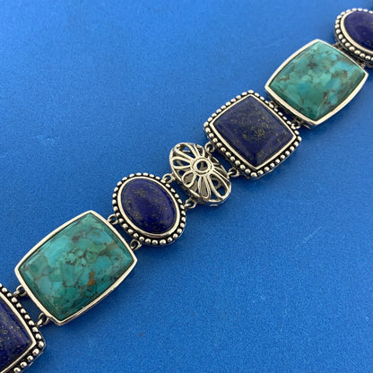 ATI Sterling Silver 925 Lapis Lazuli Turquoise Cabochon Panel Toggle Bracelet