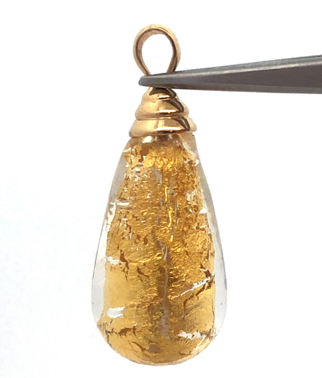 Designer MC 14K Yellow Gold Hand Blown Gold Leaf Glass Teardrop Pendant