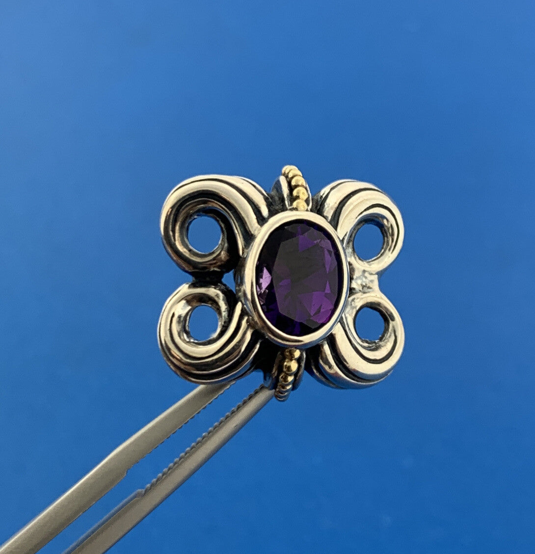 Lagos Caviar 925 Sterling Silver 18K Gold Amethyst Butterfly Omega Back Earrings