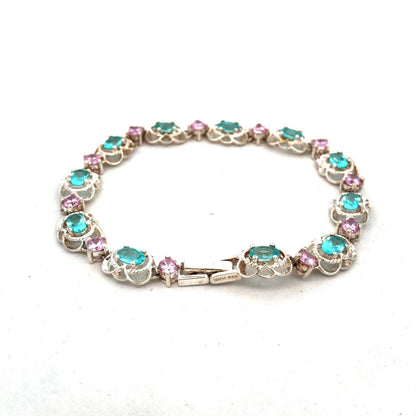 Designer HAN 925 Sterling Silver Oval Blue CZ Round Pink CZ Tennis Bracelet