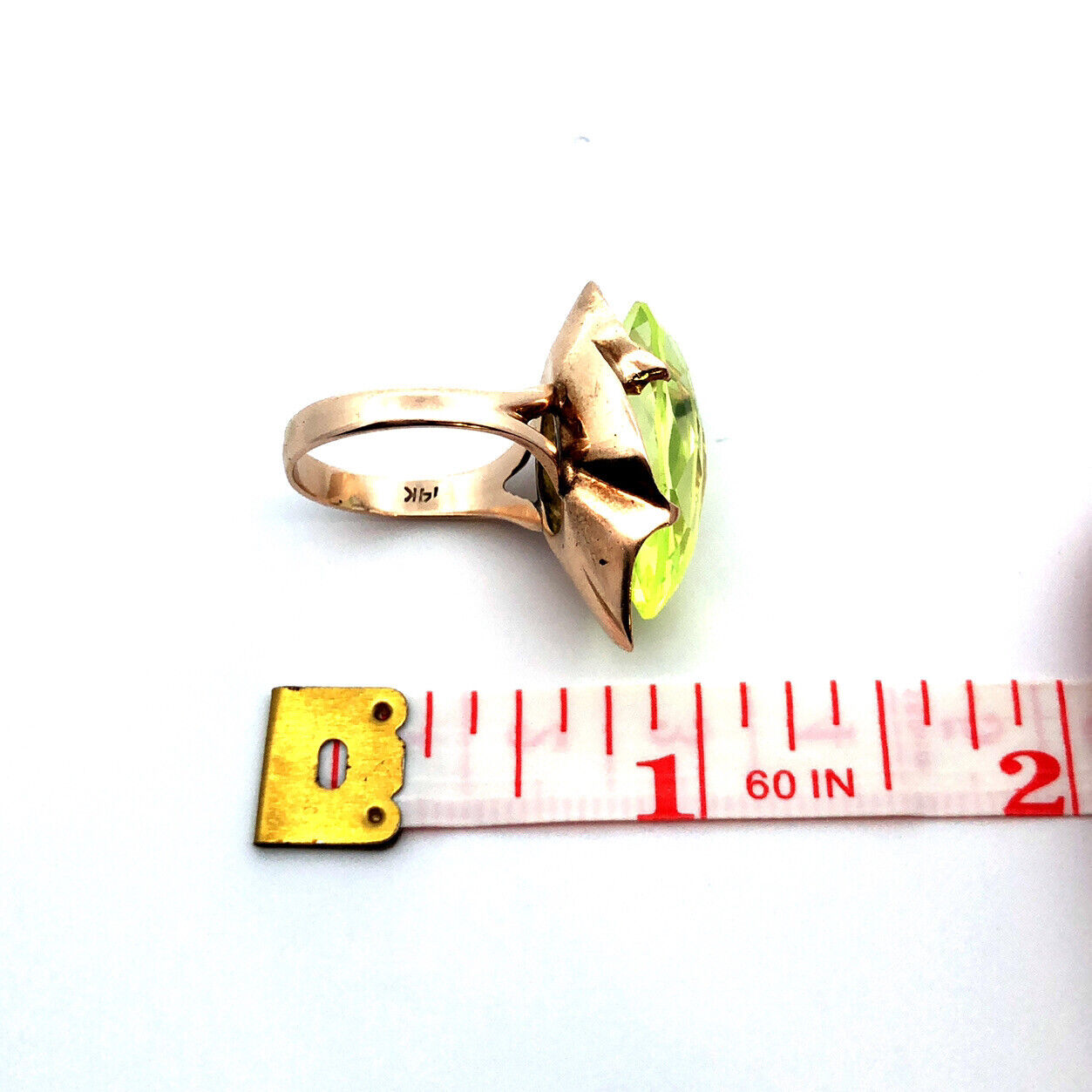 Vintage Custom 14K Yellow Gold Cushion Marquise Green Peridot Statement Ring