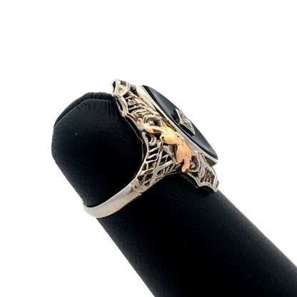 Vintage 14K White Yellow Gold Two Tone Black Onyx Diamond Art Deco Oval Ring