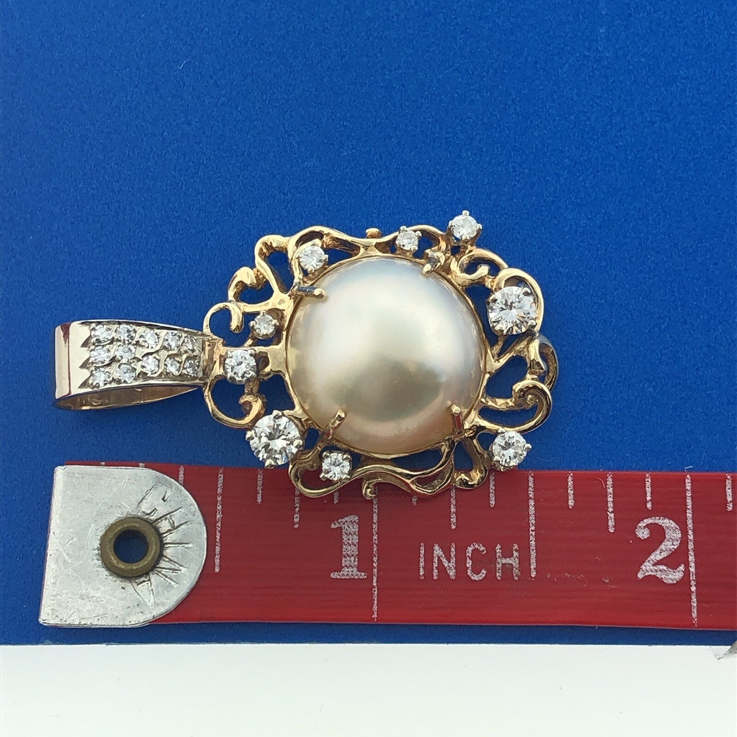 Retro 14K Yellow Gold Mabe Pearl Diamond Accent Free Form Statement Pendant
