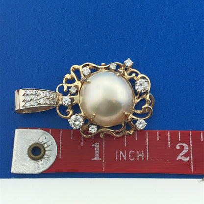 Retro 14K Yellow Gold Mabe Pearl Diamond Accent Free Form Statement Pendant