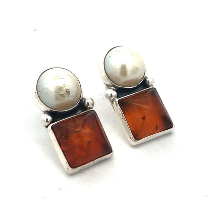 Vintage 925 Sterling Silver Round Pearl Square Amber Drop Stud Earrings