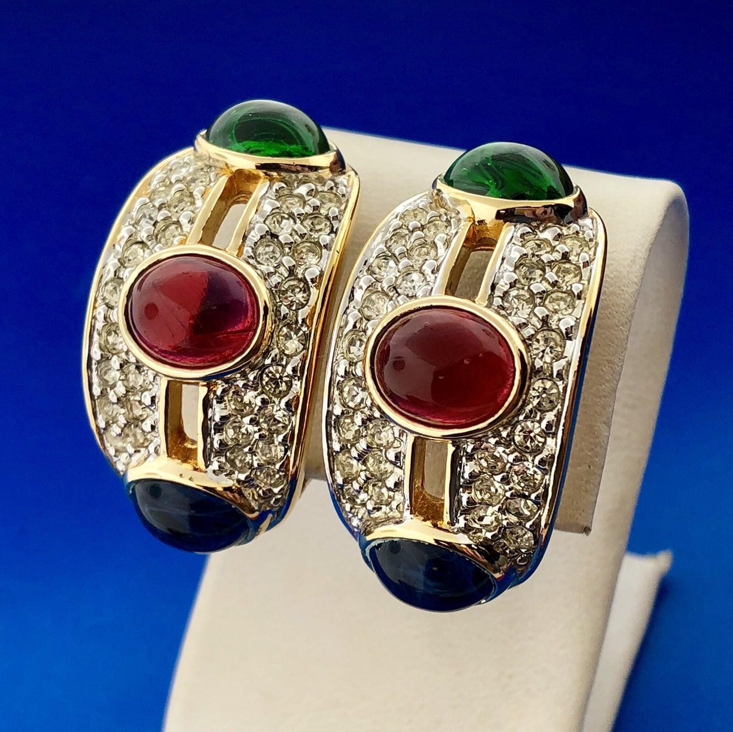 Vintage Runway Gold Tone Red Blue Green Glass Cabochon Rhinestone Clip Earrings