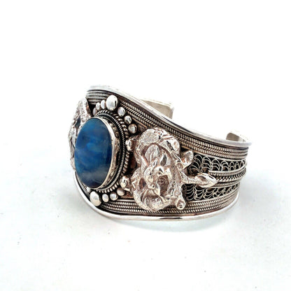 925 Sterling Silver Blue Opal Dragon Filigree Detailed Wide Cuff Bracelet