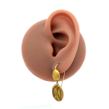 Estate 14K Yellow Gold Burnished Satin Finish Abstract Scarab Dangle Earrings