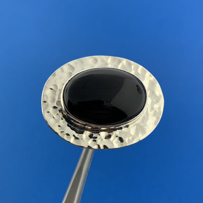Designer CII Mexico 925 Sterling Silver Black Onyx Cabochon Hammered Halo Ring
