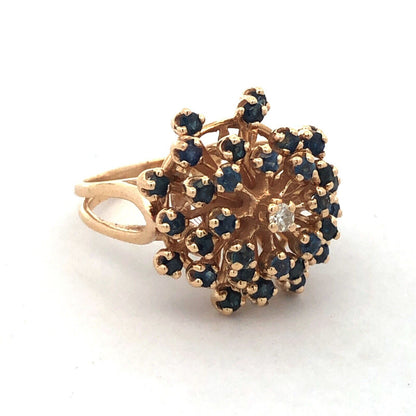 Designer HJW 14K Yellow Gold Round Sapphire Diamond Cluster Dome Cocktail Ring