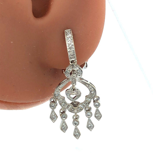 Designer ISP 14K White Gold Diamond Heart Dangle Chandelier Drop Stud Earrings