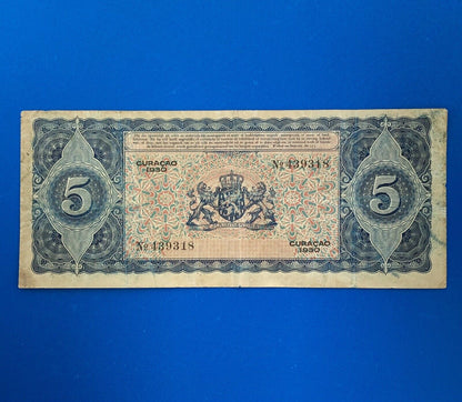 1930 Curacao 5 Gulden De Curacaoshe Bank Dutch Administration Rare Currency Note