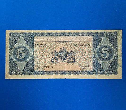 1930 Curacao 5 Gulden De Curacaoshe Bank Dutch Administration Rare Currency Note